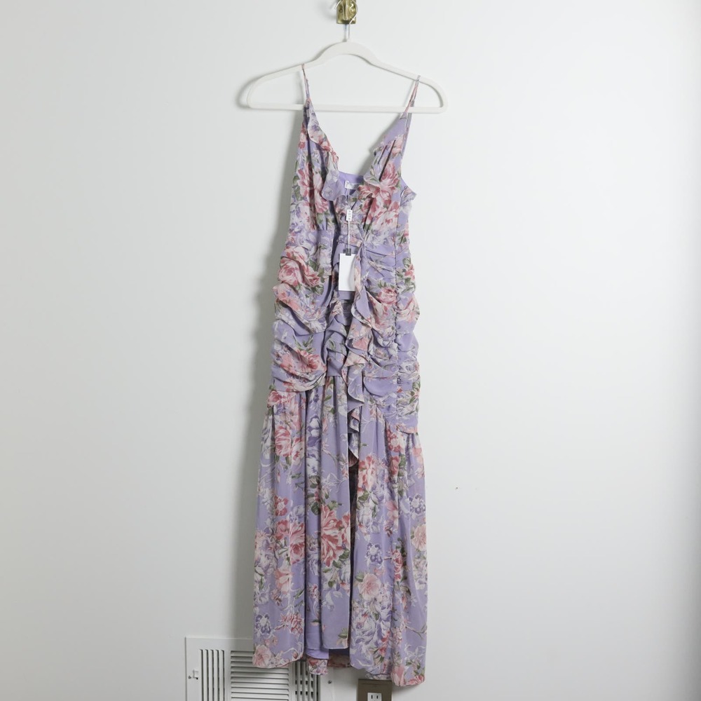 NWT ASTR Feminine Lavender Floral Ruffled Front Split Waterfall Hem Dress